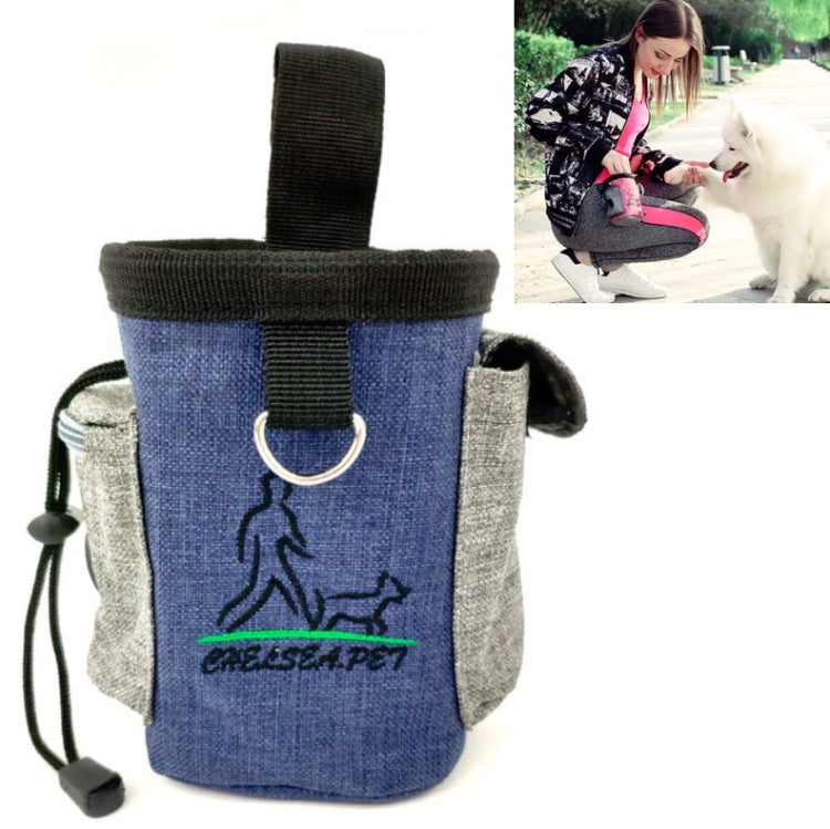 Blue and grey pet training waist bag with top strap, ring buckle, and dog logo