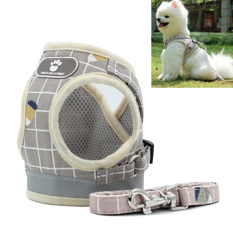 Reflective breathable pet chest harness vest with gray grid mesh and side leash clip