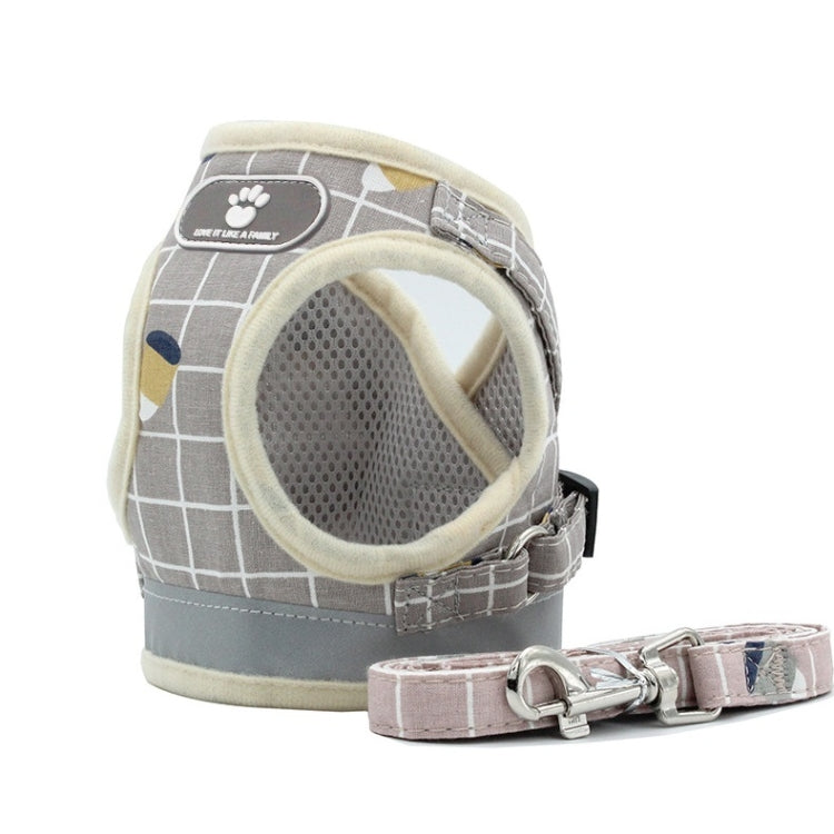 Gray grid pet chest harness vest with mesh panel and pink adjustable leash strap