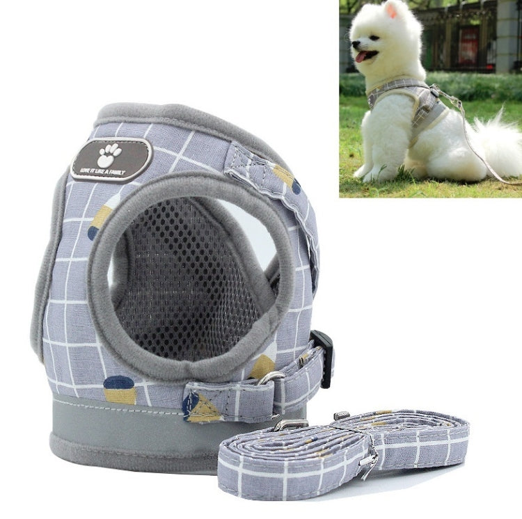 Gray grid pet chest harness vest with breathable mesh front and leash strap attachment
