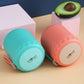 Teal and orange-red stainless steel soup cup thermoses with handles and round lids