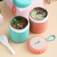 Two stainless steel soup cup thermoses filled with soup, teal and orange-red