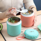 Orange-red and teal stainless steel soup cup thermoses with spoon, open lids