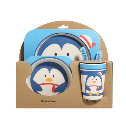 Penguin-themed bamboo baby dish set with divided bowl, spoon, and tumbler cup
