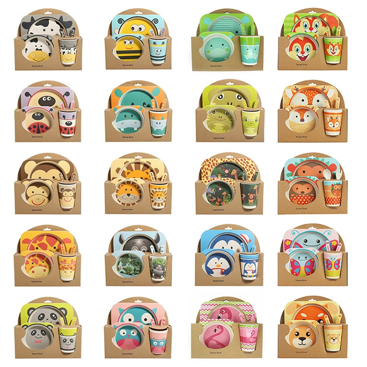 Assorted cartoon bamboo baby dish sets display, with divided bowls and cups