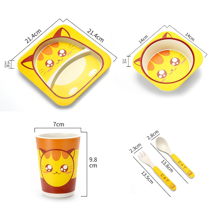 Cartoon animal bamboo baby tray set with cup, fork, and spoon (size view)