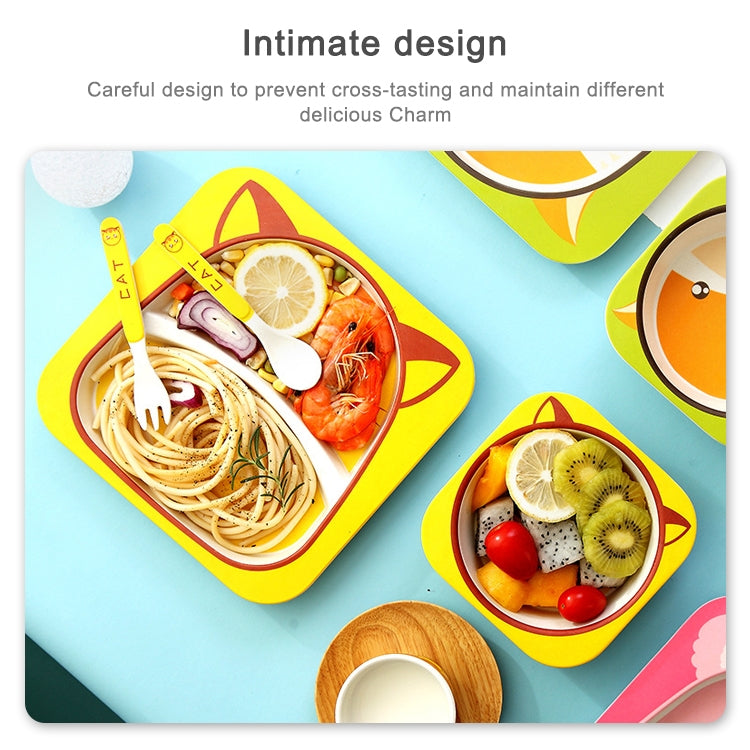 Cartoon animal bamboo divided tray set with fruit plate and cup