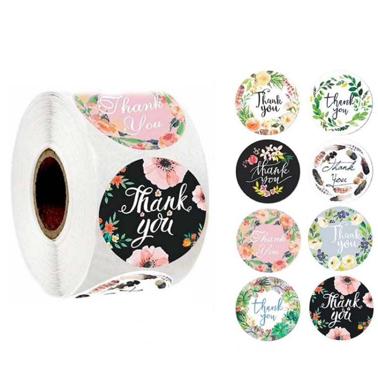 Thank you seal sticker roll with floral round stickers reading “Thank you”