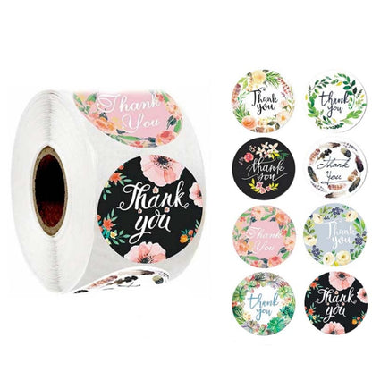 Thank you seal sticker roll with floral round stickers reading “Thank you”