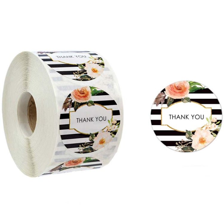Thank you seal sticker roll with striped floral round labels reading “THANK YOU”