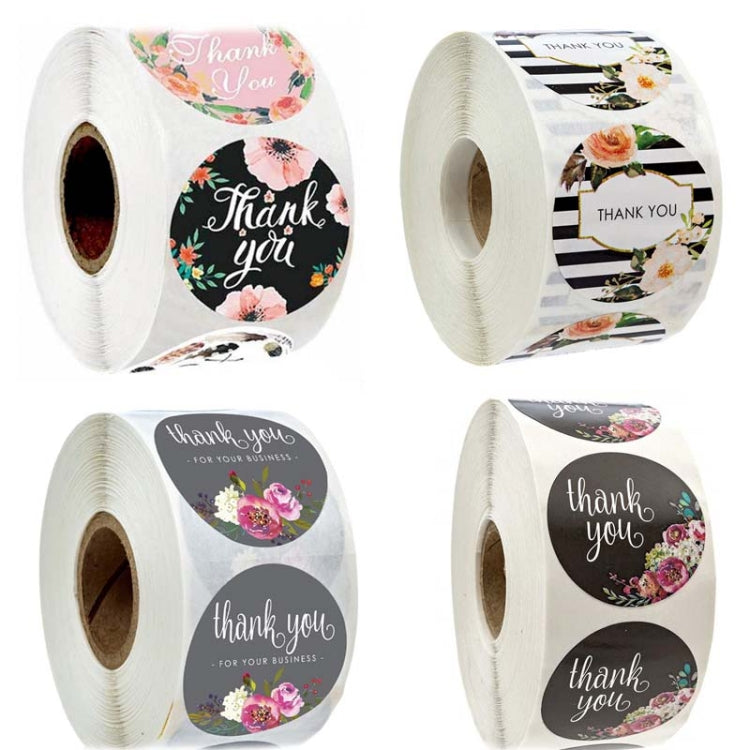 Thank you seal sticker roll set with floral and striped “Thank you” round stickers