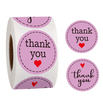 Roll of thank you sticker labels, purple hearts and dashed circle borders