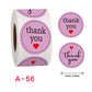 Roll of thank you sticker labels, purple heart circles; A-56 label shown
