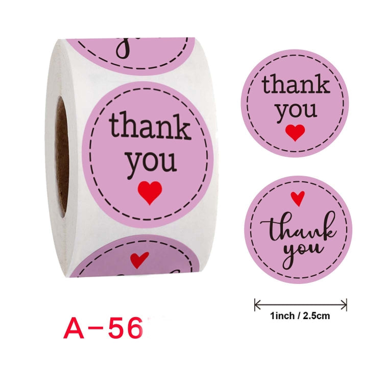 Roll of thank you sticker labels, purple heart circles; A-56 label shown