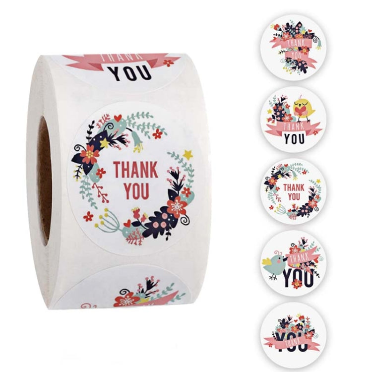 Roll of thank you sticker labels with floral wreath design and round sample stickers