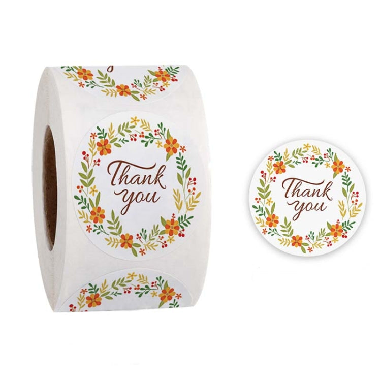 Roll of thank you sticker labels with floral wreath circle and separate round label