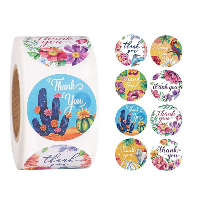 Roll of thank you sticker labels with colorful flowers and cactus; multiple circular labels