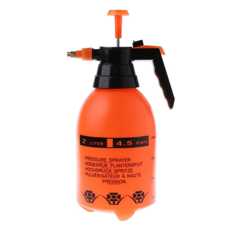 Orange 2-liter pressure sprayer bottle with black handle and adjustable nozzle