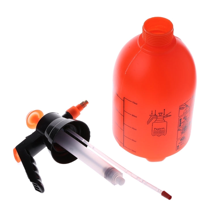 Orange sprayer bottle with black pump head and clear pickup tube, 2-liter size