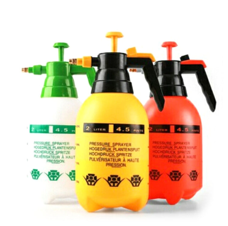 Set of three pressure sprayer bottles in green, yellow, and orange with black pumps