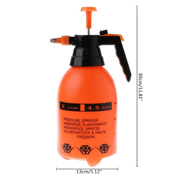 Orange 2-liter pressure sprayer bottle with 13 cm and 30 cm size indicators