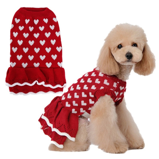 Red pet sweater with white heart pattern, ribbed crew neck and scalloped hem