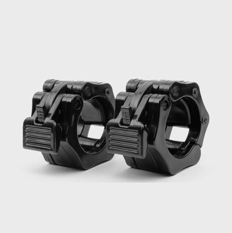 Two black barbell quick-lock collars with adjustable lever clamps and textured side grip