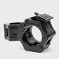 Black barbell quick-lock collar with metal bar clamp and hinged lever mechanism