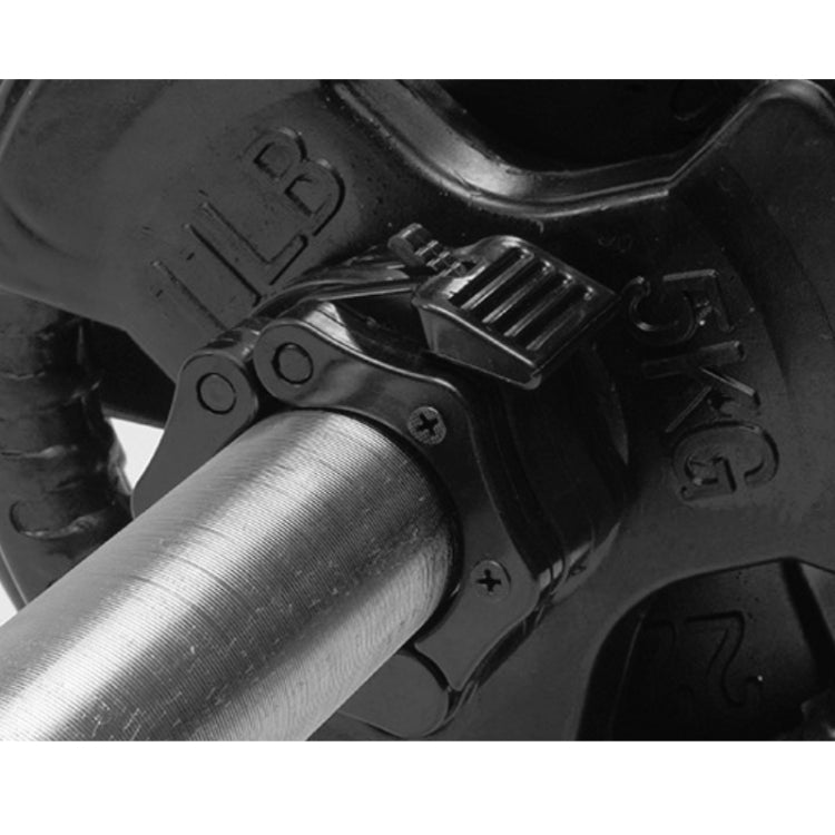 Close-up of black barbell quick-lock collar on bar, showing cam and release lever