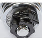 Bottom view of barbell quick-lock collar with steel ring, latch, and locking slots