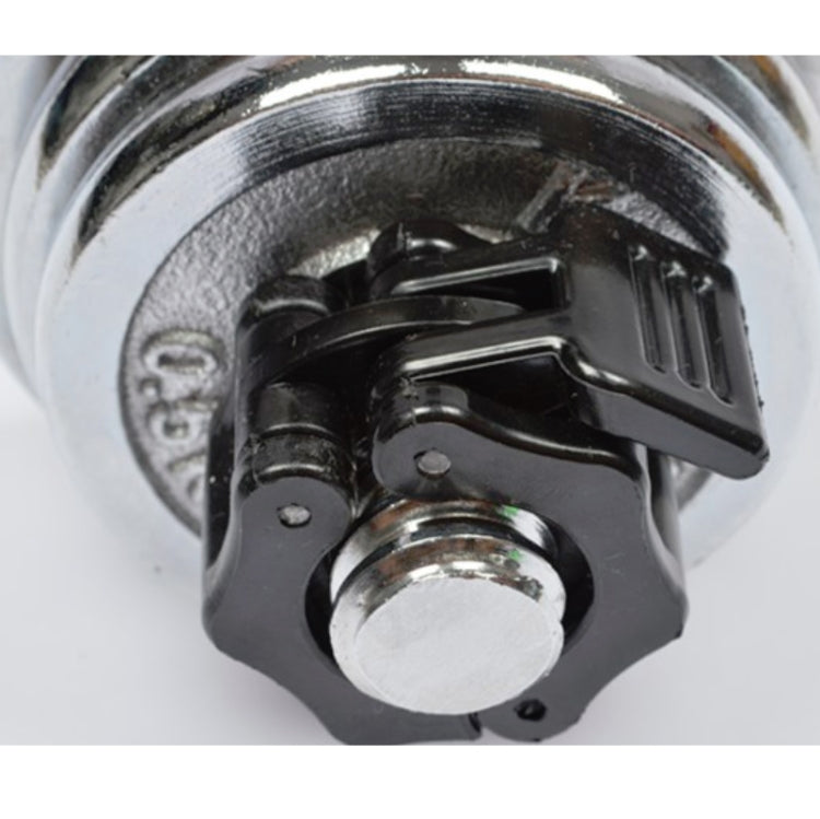 Bottom view of barbell quick-lock collar with steel ring, latch, and locking slots