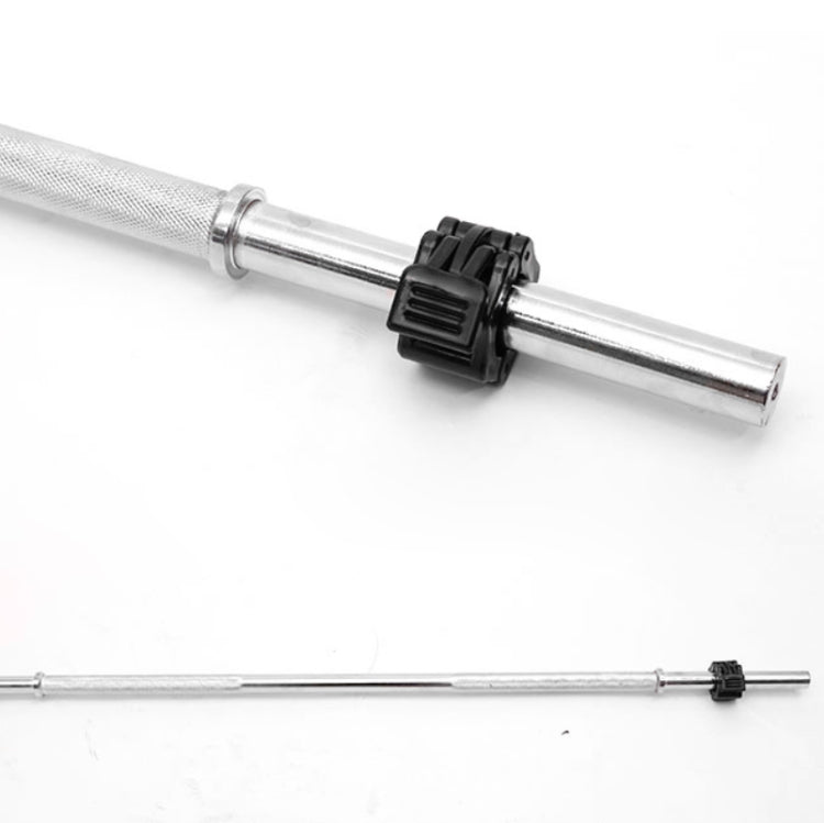 Barbell with installed black quick-lock collar on the bar shaft for secure fastening