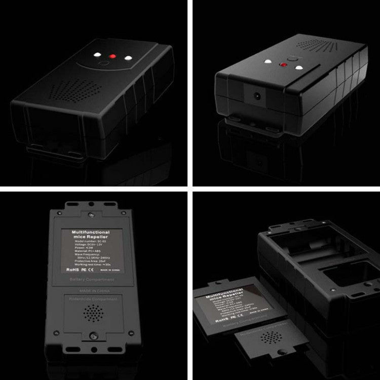 Black car repellent unit shown in four angles with mounting and label panel