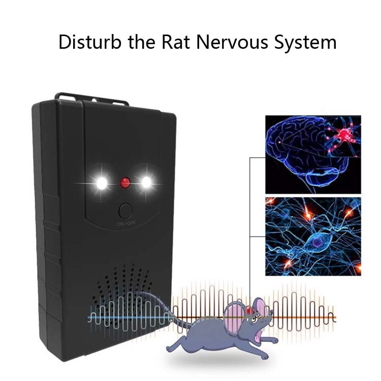 Black ultrasonic rodent repellent device with bright front indicators and grille
