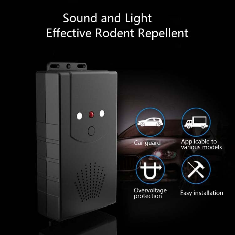 Black electronic rodent repellent module with indicator lights and safety features