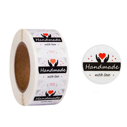 Roll seal stickers with circular “Handmade with love” labels and one round sticker