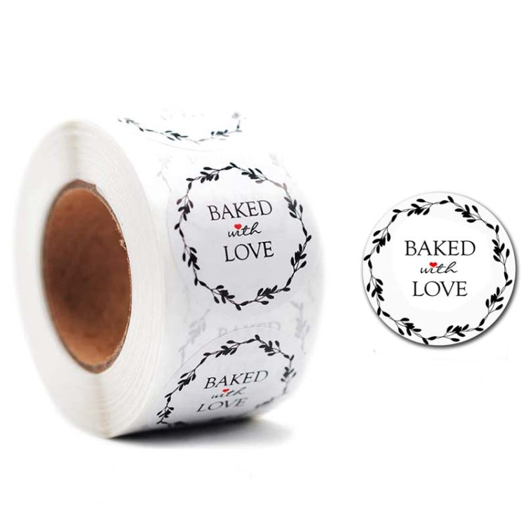 Roll seal stickers with circular “Baked with love” labels and one round sticker