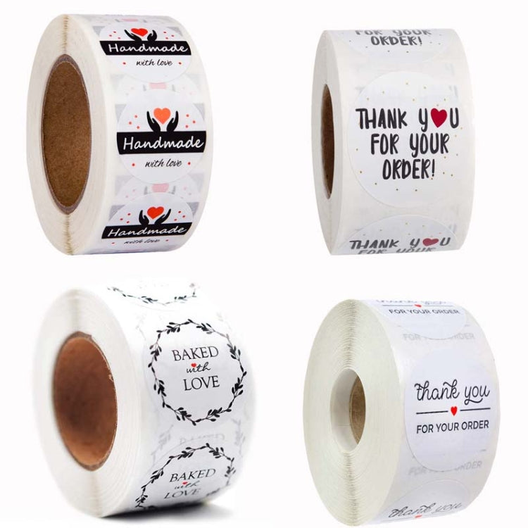 Assorted roll seal sticker labels: “Handmade,” “Thank you,” and “Baked with love”