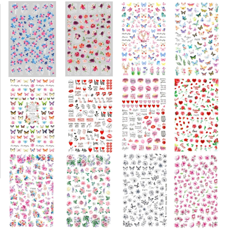 10 nail art sticker sheets with assorted butterfly, rose, heart, and floral designs