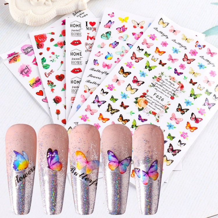 3D butterfly nail art sticker sheets with colorful butterflies and flowers, for manicure