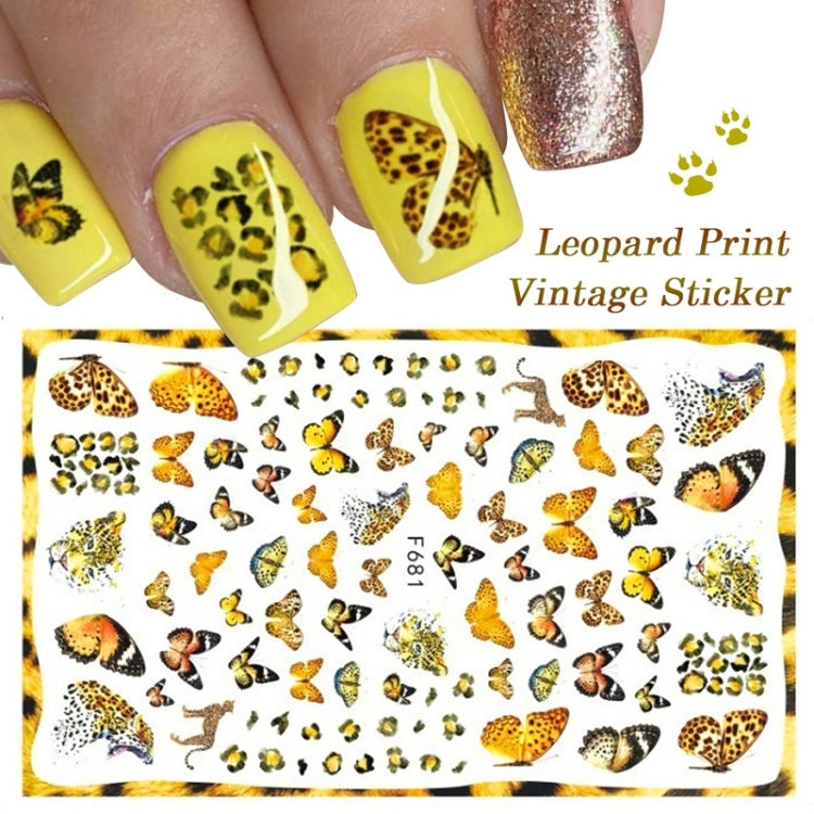 Leopard print vintage nail art sticker sheet with butterflies and paw print details