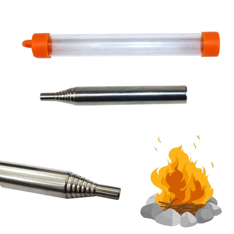 Clear storage tube with orange end caps and a silver metal blow fire tube