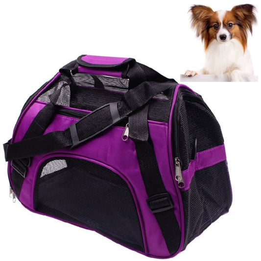 Purple and black portable pet backpack dog messenger folding bag with mesh panels