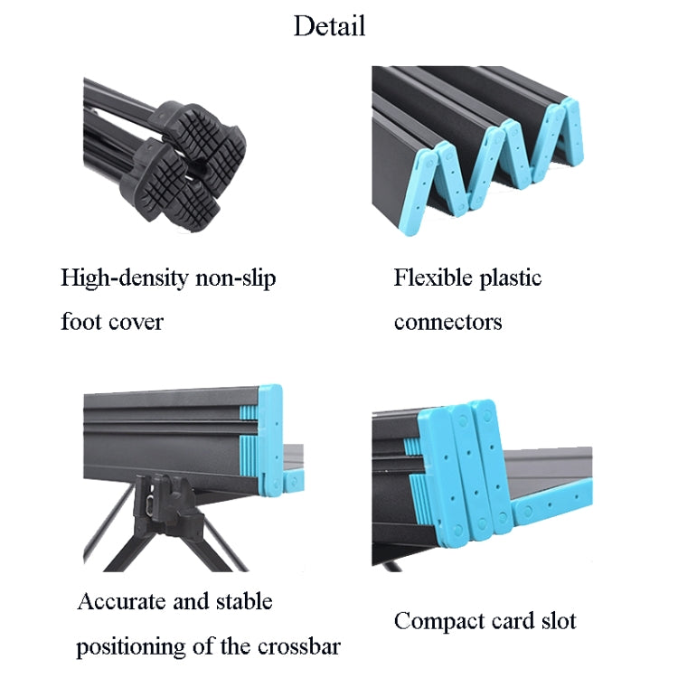 Camping table accessory details: non-slip foot cover, flexible connectors, stable crossbar