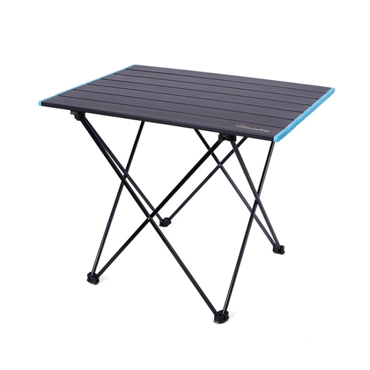Folding camping picnic table with black slatted top, blue trim edges, and black cross legs