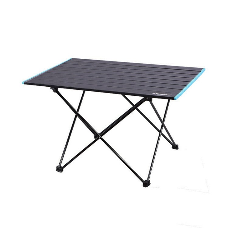 Folding camping table with black tabletop slats, blue corner protectors, and black frame
