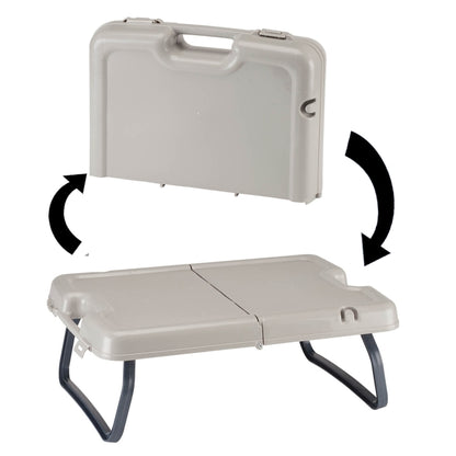 Folding storage table with hinged top and side handle, light gray