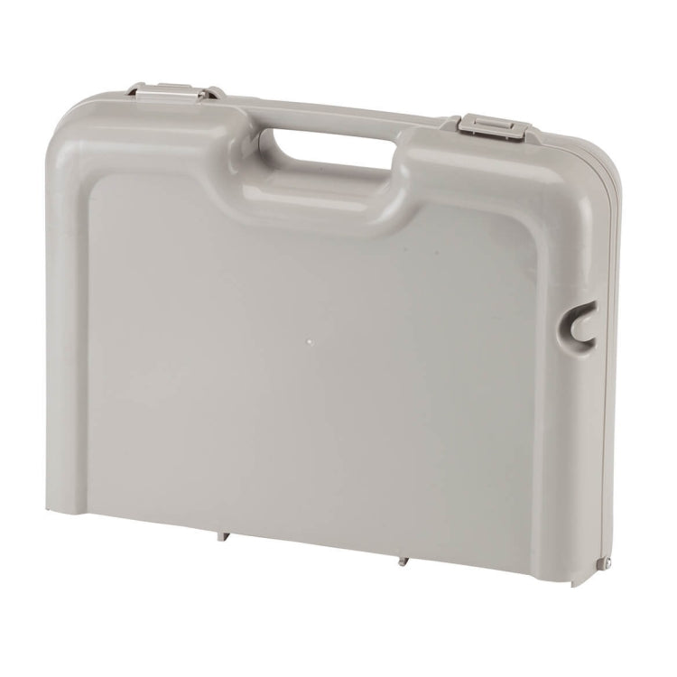 Light gray folding table with carry lid and latch details