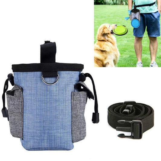Blue fabric dog training waist bag with black clip handle and side treat pouch
