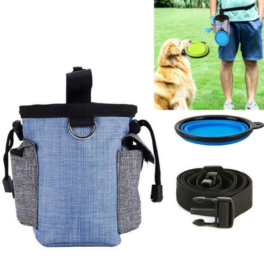 Blue dog training waist bag with attached collapsible bowl and poop bag roll holder